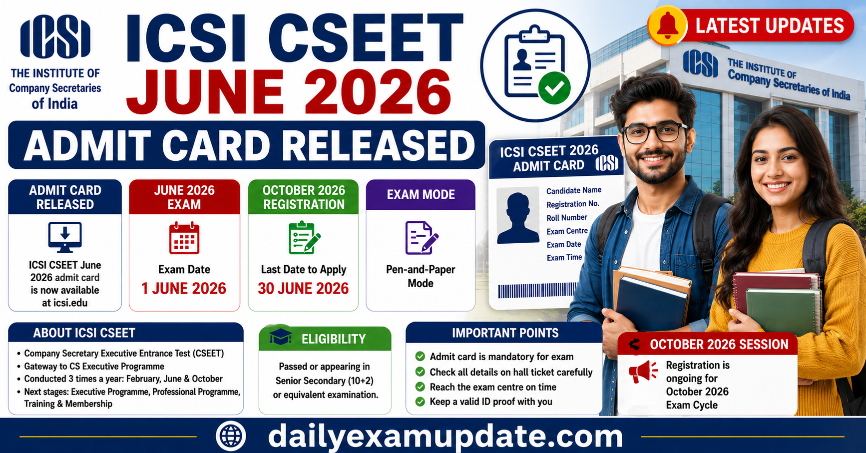 ICSI CSEET June 2026 Admit Card Released; October Registration Process Underway