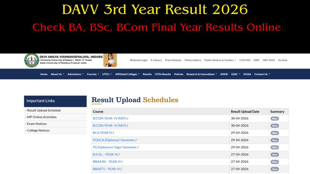 DAVV 3rd Year Result 2026: Check BA, BSc, BCom Final Year Results Online
