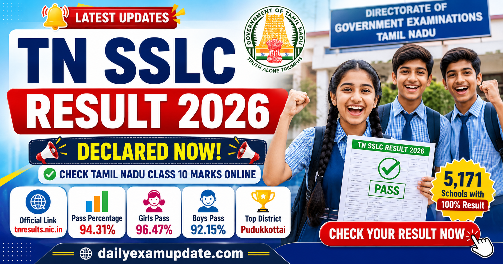TN SSLC Result 2026 Declared at tnresults.nic.in, Direct Link to Check Tamil Nadu Class 10 Marks