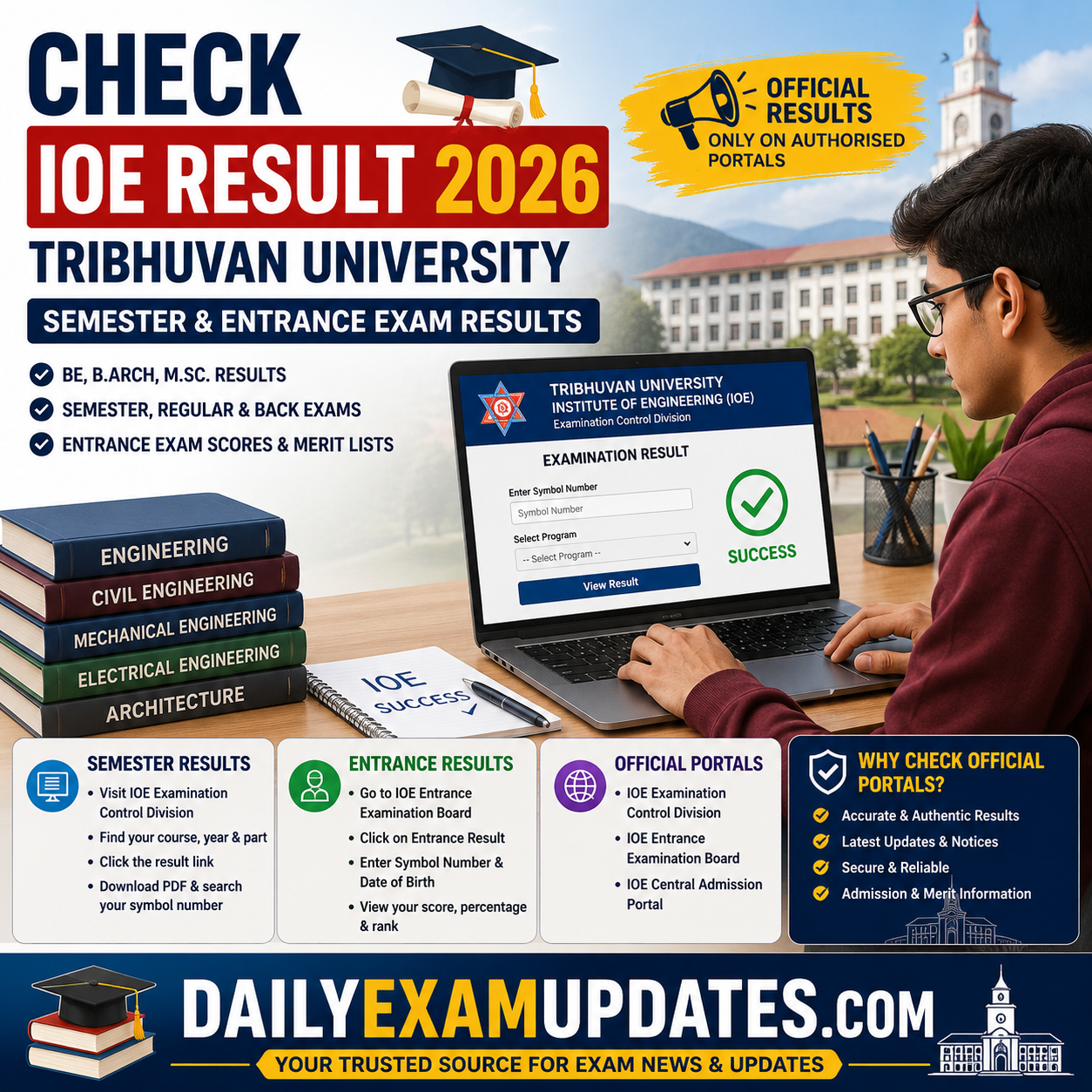 Student checking IOE semester and entrance examination results online through the official Tribhuvan University portal.