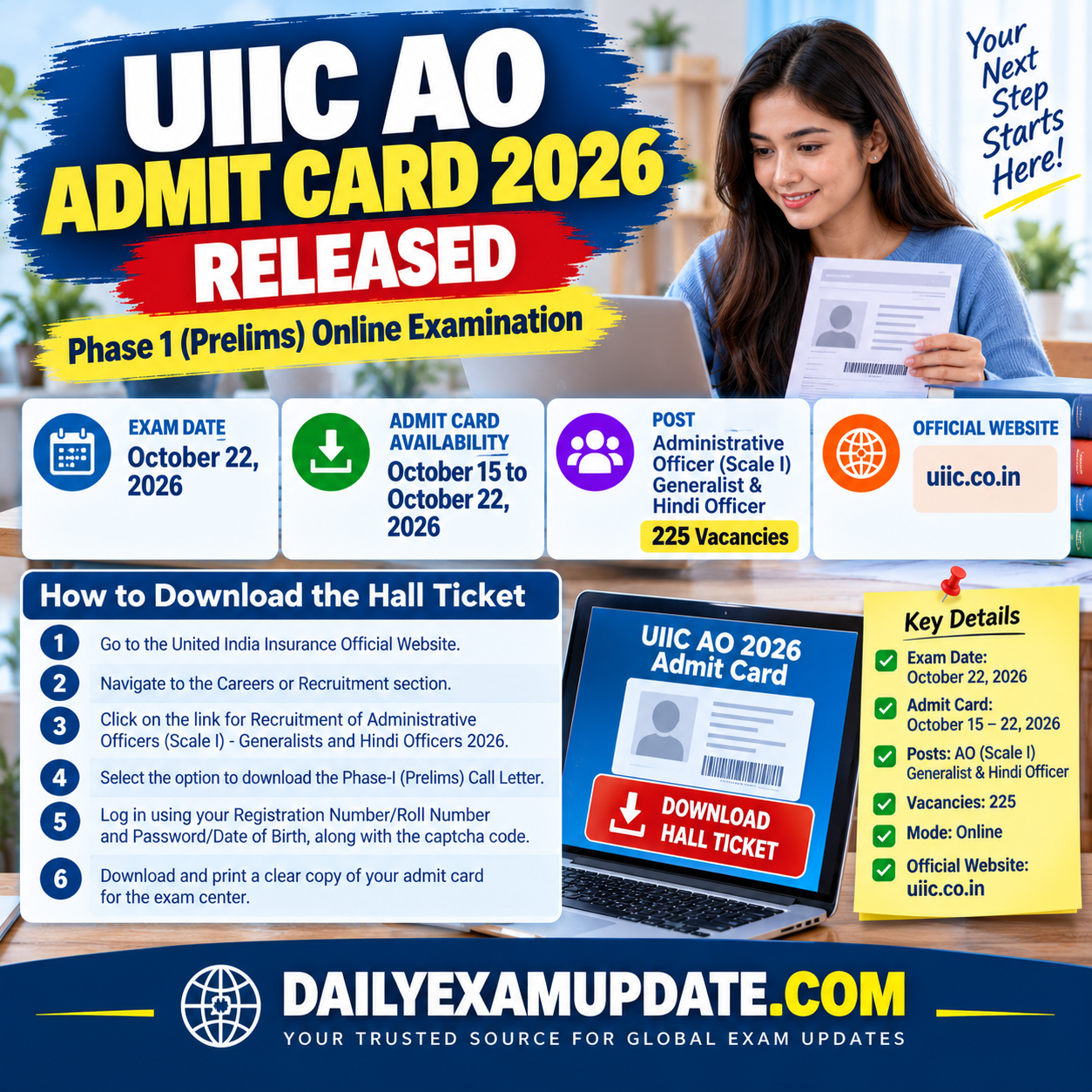 UIIC AO Admit Card 2026 for the Administrative Officer Phase 1 Preliminary Examination scheduled for October 22, 2026.